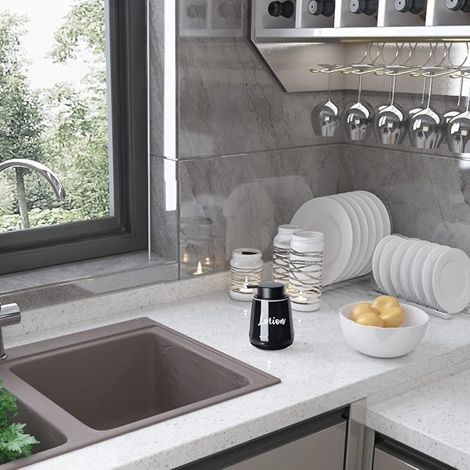 LEETOYI Bathroom Countertop Dispensers Modern Ceramic Soap Lotion Dispenser Bottles, Hand Soap Dispenser for Bathroom, Dish Soap Dispenser for Kitchen, Easy to Press Pump (Black, Labeled Lotion)