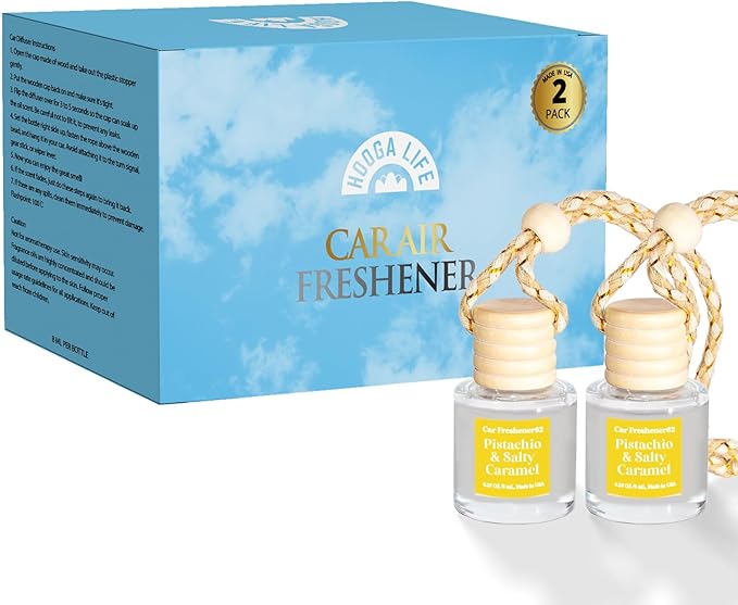 HoogaLife Car Air Freshener Diffuser 2 Pack Hanging Pistachio Salty Caramel Car Air Freshener for Women 45+ days Long Lasting Fragrance Made in USA (P62)