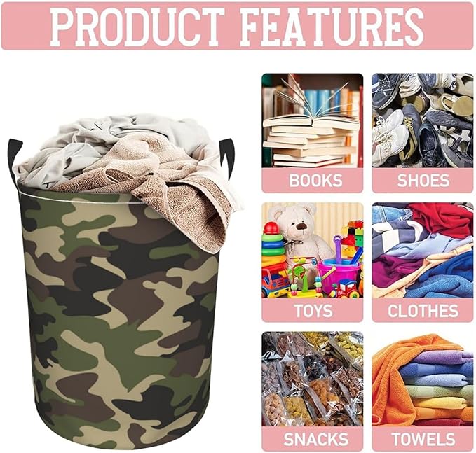 Green Camouflage Laundry Hamper Bag With Waterproof Liner - Military Camo Round Laundry Basket Foldable Clothes Storage Organizer For Bathroom Bedroom Nursery Dorm, S-16.5"X 13.8"