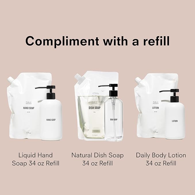 Public Goods Glass Dish Soap Dispenser Pump for Kitchen Sink | Liquid Dish Soap Refill Bottle | Made with Clear Borosilicate Glass and Black Stainless Steel | 16 Oz Dispenser