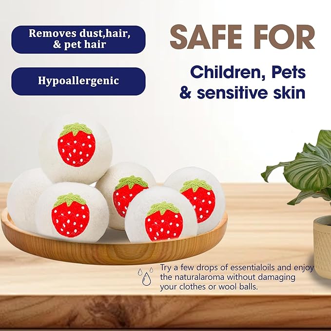 Wool Dryer Balls,New Zealand Wool Laundry Balls for Dryer (Pack of 3, Strawberry Handmade Pattern),Softens Clothes,Naturally Reduces Drying Time and Static Electricity