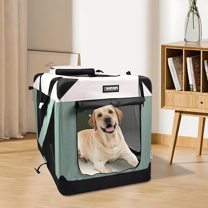 JESPET Soft Dog Crates Kennel for Pets, 3 Door Soft Sided Folding Travel Pet Carrier with Straps and Fleece Mat for Dogs, Cats, Indoor & Outdoor Use (5-Shale Green, X-Large(36" L x 24" W x 27" H))