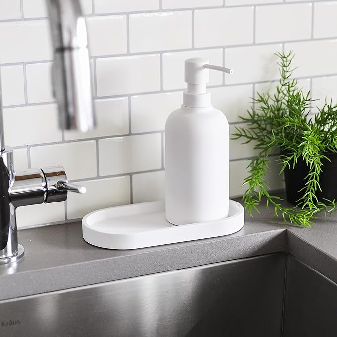 Matte White Round Soap Dispenser Tray, 8” Soap and Lotion Bottle Tray Organizer Plate for Bathrooms, Kitchens, Countertops - Holds 2 Soap Dispensers