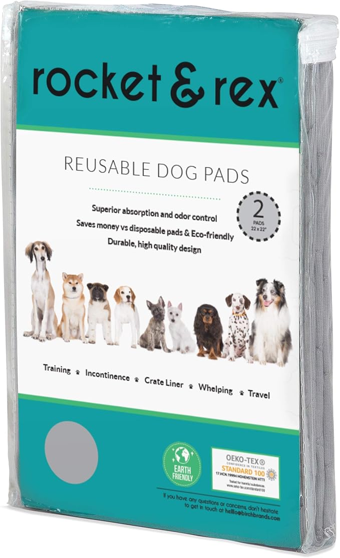 rocket & rex Premium Washable Pee Pads for Dogs, Waterproof & Reusable Puppy Pads for Potty Training, Whelping, Lining Crates & More, Guaranteed for up to 300 Washes, 22" x 22" (Pack of 2)