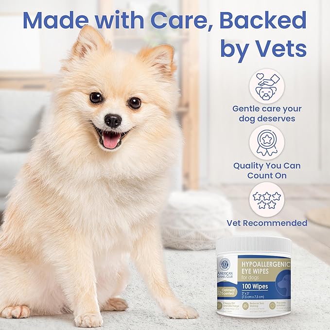 AKC Pet Eye Wipes for Dogs & Cats – Tear Stain Remover & Eye Discharge Cleaner – Hypoallergenic Grooming Wipes, 100 Count (Oatmeal Scent)