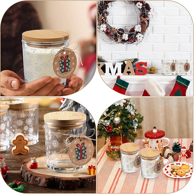 12 Pcs Christmas Glass Candle Jars 7 oz Glass Jars Empty Containers with Bamboo Lids and Christmas Cards for Candle Making Storing Biscuits Holiday Tea Party Favors