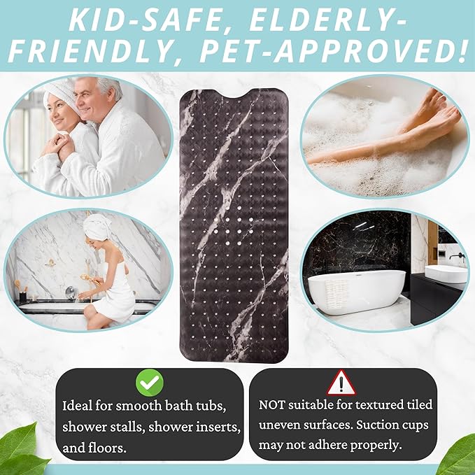 ENKOSI Bath Mat – Large 40 x 16 Inch Non-Slip Bathtub Mat with Secure Anti-Slip Suction Cups & Drain Holes – Extra Long Bathroom Shower Mat for Tub with Black Marble Design (Black Marble 40x16)