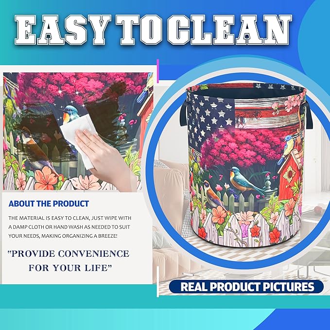 American Flag Garden Birds Laundry Basket Oxford Cloth Laundry Hamper With Handle Foldable Portable Clothes Storage Basket 18.9 X 16.5 In Storage Bag For Laundry Room/Bathroom/Bedroom/Dormitories