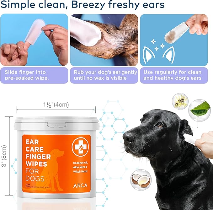 Dog Ear Cleaner Wipes - Vet Formulated Cleanser for Dogs - Ear Itching, Dissolves Wax, Dirt & Odor with Coconut Oil & Aloe Vera (50 Finger Wipes)
