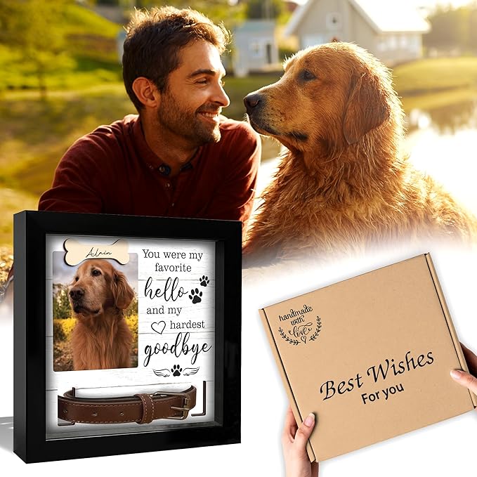 2-Sided Pet Memorial Frame with Collar Holder, Pet Memorial Ornament, Dog Cat Sympathy Card, Loss of Dog Paw Print Keychain, Remembrance Gift for Cat Lovers, Favorite Hello Hardest Goodbye PF225