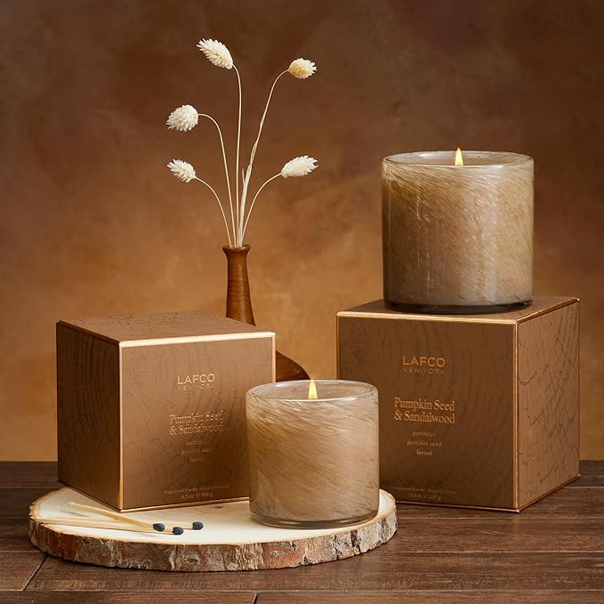 LAFCO New York Fall Classic Candle, Pumpkin Seed & Sandalwood - 6.5 oz - 50-Hour Burn Time - Reusable, Hand Blown Glass Vessel - Made in The USA