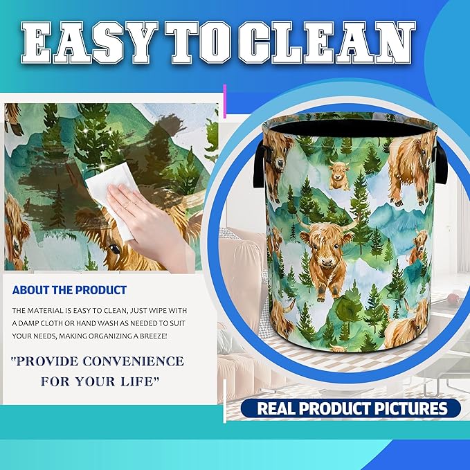 Highland Cattle Laundry Basket Grassland Oxford Cloth Laundry Hamper With Handle Foldable Portable Clothes Storage Basket 18.9 X 16.5 In Storage Bag For Laundry Room/Bathroom/Bedroom/Dormitories
