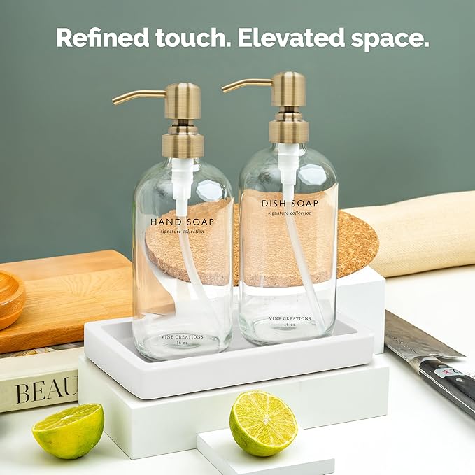 Vine Creations Glass Soap Dispenser Set, Kitchen Soap Dispenser Set with Ceramic Tray, 16 oz Dish Soap and Hand Soap Dispensers with Stainless Steel Pump Decor (Clear Bottle/Brushed Brass)
