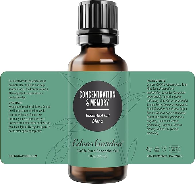 Edens Garden Concentration & Memory Essential Oil Blend,100% Pure & Natural Recipe Therapeutic Aromatherapy Blends- Diffuse or Topical Use 30 ml