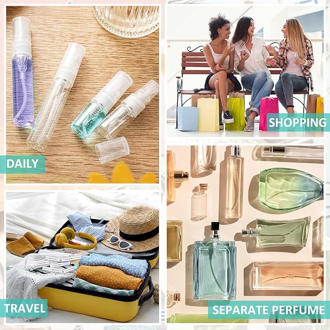 Zhehao 200 Pcs Mini Spray Bottles 2 ml, 5 ml Clear Glass Perfume Bottles Refillable Fine Mist Perfume Atomizer Portable Empty Sample Containers for Cleaning, Essential Oils, Travel (Clear Cap)