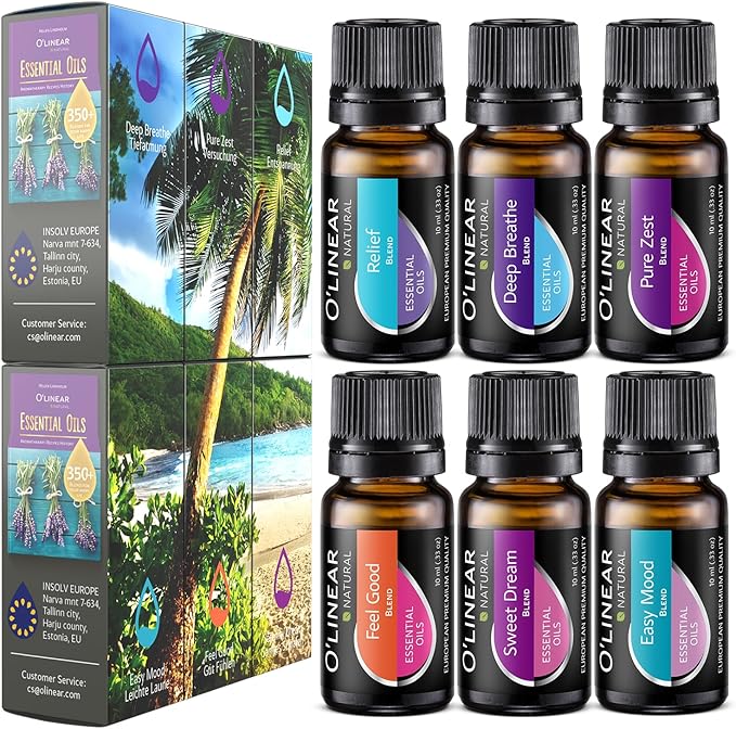 O'linear Essential Oils 6 Blends Set - Perfect for Humidifiers and Diffusers, Aromatherapy Diffuser Oils Scents, Essential Oil Kit for Home Use, Essential Oil Pack with Various Scents