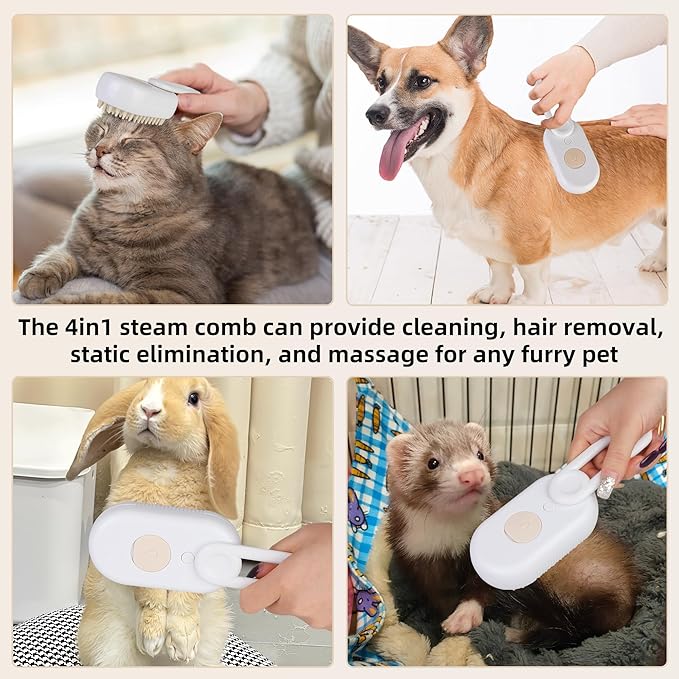 Cat Dog Hair Steam Brush: 4 in 1 Pet Grooming Tool Rechargeable Groomer Silicone Comb for Massage, Cleaning, Shedding and Combing, Anti-Static, 360° Portable Handle for Long or Short Hair Pet (White)