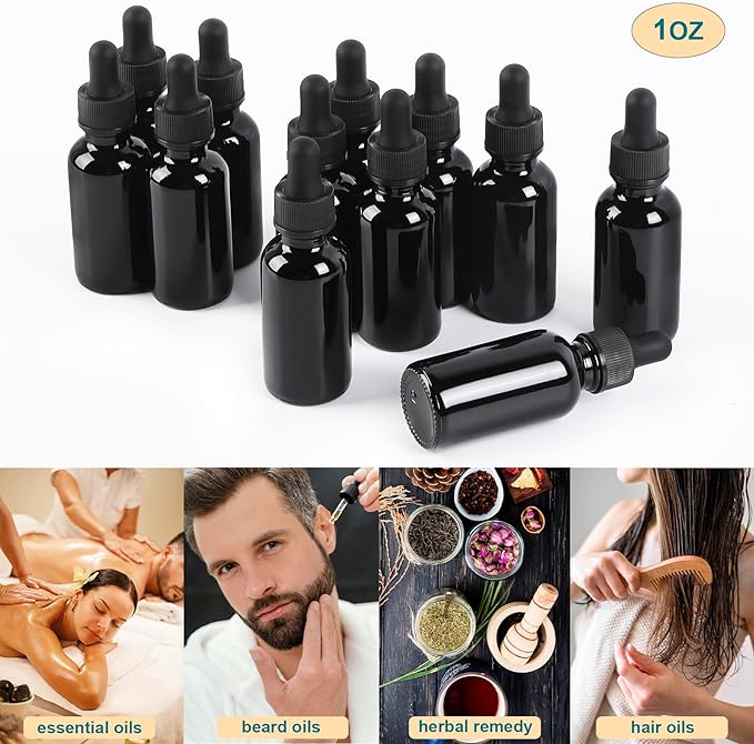 48 Pack,1oz Glass Dropper Bottle,Blakc Tincture Bottles with Dropper,Pretty Finish for All Kinds of Liquids,Oil Bottles for Hair- Stronger Suction ideal for Leakproof Travel