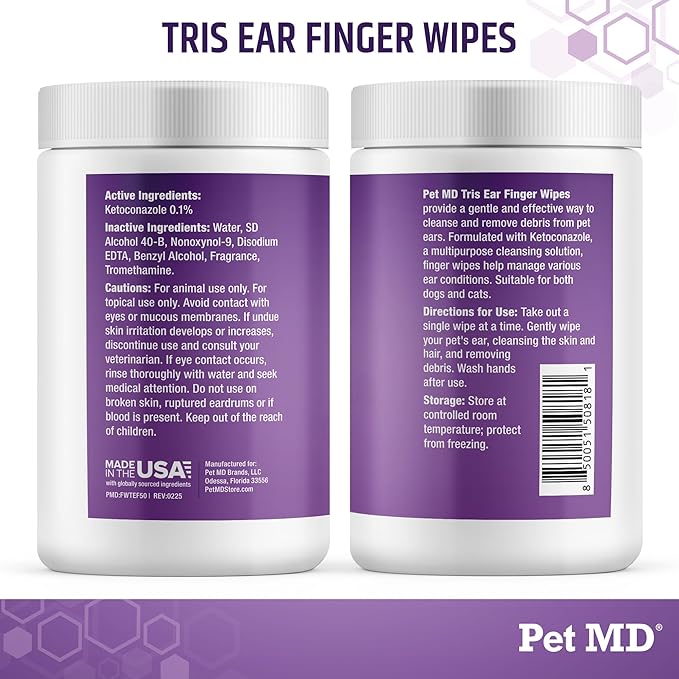 Pet MD Tris Ear Finger Wipes for Dogs & Cats - Multipurpose Cleansing Solution Cat Ear Wipes & Puppy Ear Cleaner - Pet Safe Cleaner to Clean and Remove Debris - 50ct