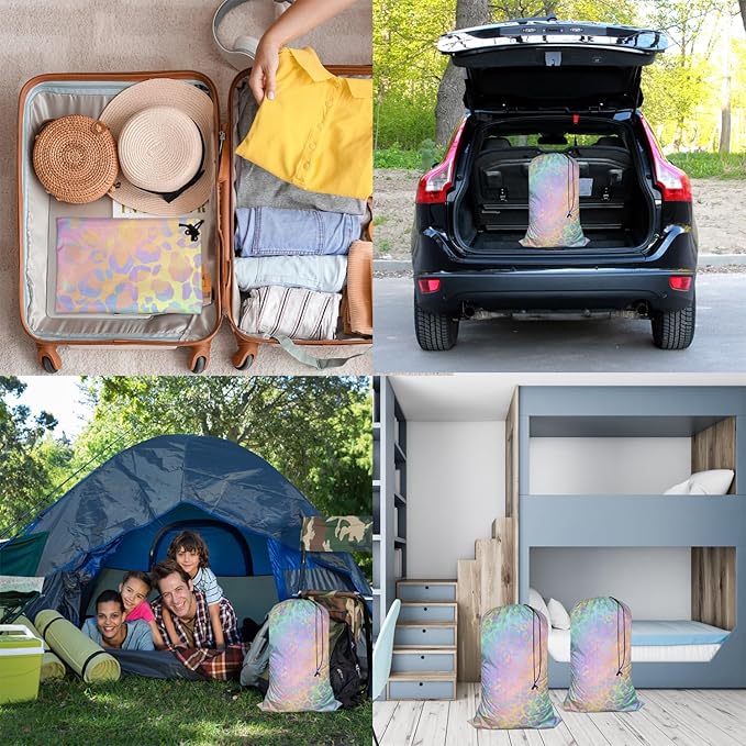 Swono Leopard Print Drawstring Portable Large Capacity Laundry Bags Animal Fur Spots Pattern Mammal Wildlife Storage Baskets for Bedroom, Bathroom, Dorm, Dining Room