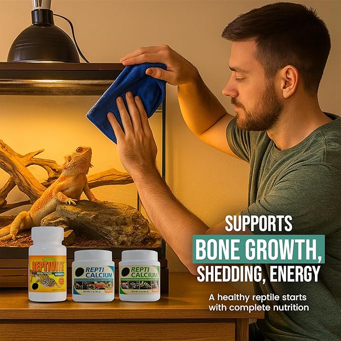 Repti Calcium with D3 (3 oz), Repti Calcium Without D3 (3 oz), and Reptivite Without D3 (2 oz) for Reptiles, Includes Trinity Treats Microfiber Cleaning Cloth