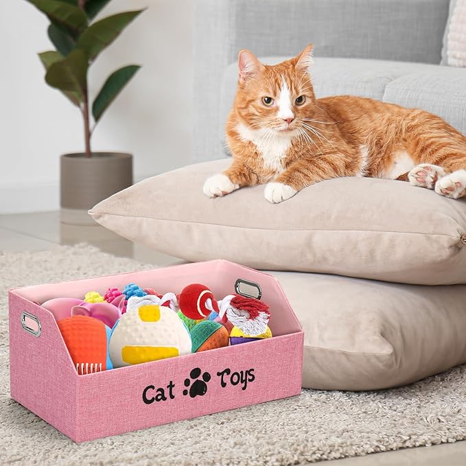 Cat Toy Basket, Kitten Toys Storage Organizer Foldable Fabric Bin Pet Supplies Chest Holder Trapezoid Container with Metal Handles for Organizing Cats Clothes Accessories, Pink