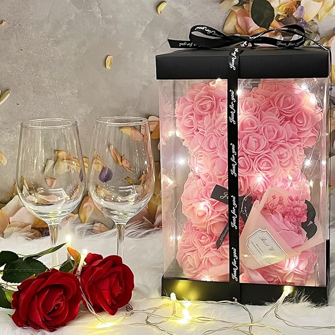 Romantic Valentines Day Gift for Her Rose Artificial Flower Rose Teddy Bear for Wife, Girlfriend Mother Daugther Women. Blind Box for Christmas Birthday Wedding Anniversary (Pink Bear)