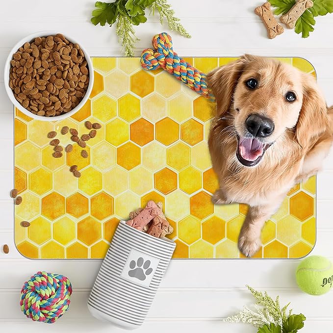 Honeycomb Bee Geometric Dog Food Mat for Floors,Absorbent Quick-Dry Pet Feeding Mat,Cat Dog Bowl Mats for Food and Water,Non-Slip Pet Accessories Supplies 12"x20"
