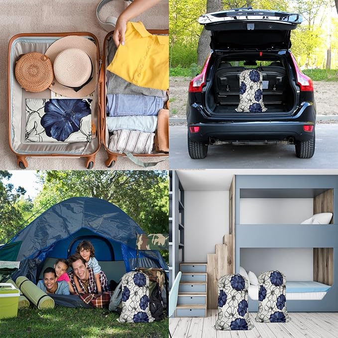 Swono Wild Flower Extra Large Huge Heavy Duty Polyester Laundry Storage Bag with Drawstring, Dark Navy Blue Floral Sketch Washable Travel Dirty Clothes Bag Hamper Liner