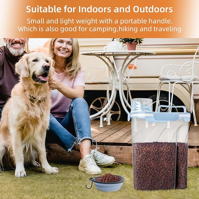 5-7Lbs Small Cat Dog Food Storage Containers BPA Free, Airtight Pet Food Storage Containers with Large Pour Spout/1 Measuring Cup/ 4 Safety Locks and double-layer silicone strip (Elegant Blue)