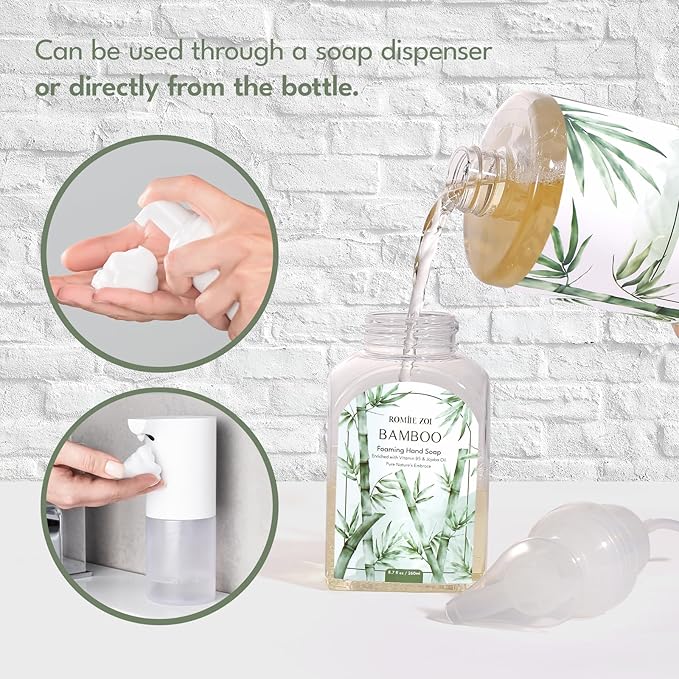 ROMIIE ZOI Foaming Hand Soap Refill Gift Set – 3 Pack (1000ML Each) with Dispenser – Bamboo Scent – Gentle & Moisturizing Plant-Based Formula – Bulk Refill Bottles for Bathroom & Kitchen Use