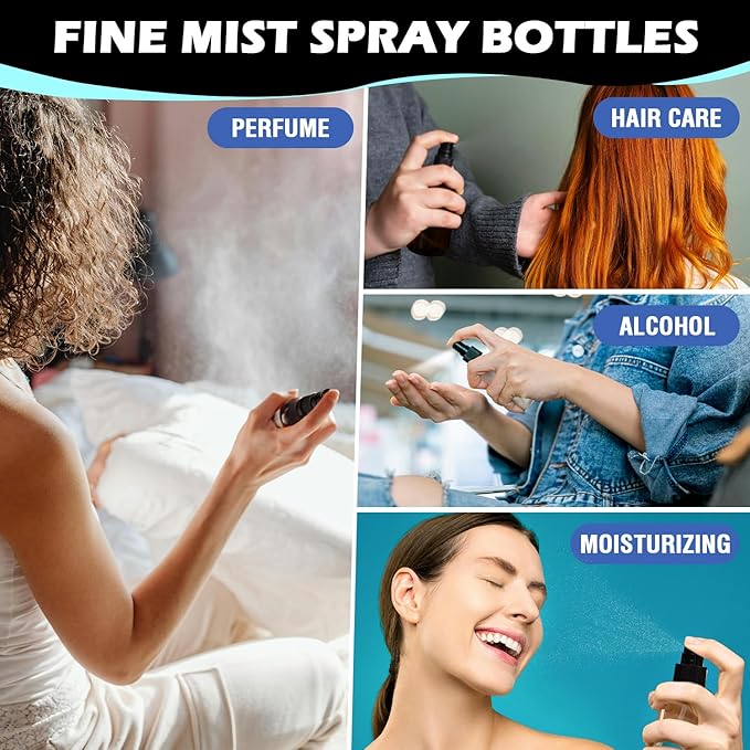 100 Pack 2oz/55ml Plastic Small Spray Bottles Mini Travel Spray Bottle with Black Cap Empty Fine Mist Spray Bottles Refillable Liquid Container for Perfumes Travel Makeup