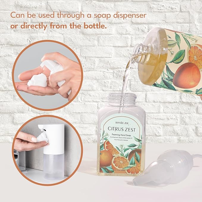 ROMIIE ZOI Citrus Zest Foaming Hand Soap Refill Gift Set – 3 Pack (33.8 Fl Oz Each) with Refillable Dispenser, Moisturizing, Biodegradable & Chemical-Free Formula for Kitchen, Bathroom, Sensitive Skin