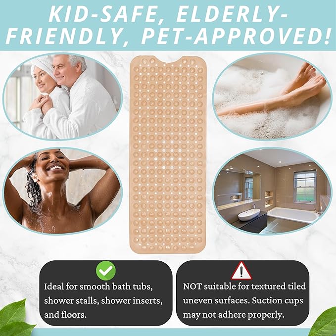 ENKOSI Bath Mat - Large Non Slip Bathtub & Shower Mat - Extra Long. 40 x 16 Inch Bathroom Mats for Tub Nonslip Anti Slip Bathmats (40x16 Beige 1-Pack)