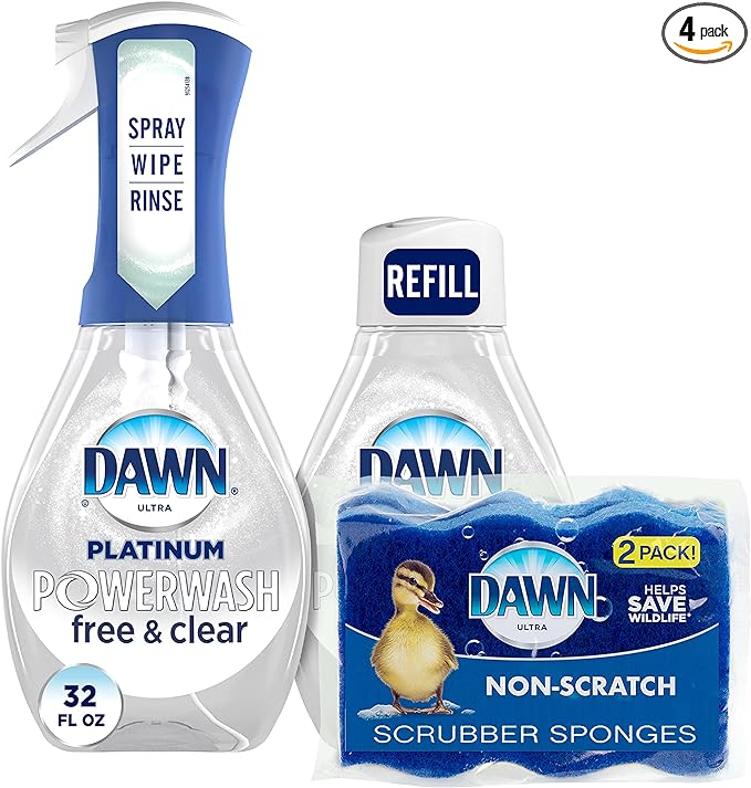 Dawn Free & Clear Powerwash Dish Spray, Dish Soap, 1 Spray (16oz), 1 Refill (16oz) Non-Scratch Scrubber Sponge (2 count), 1 set