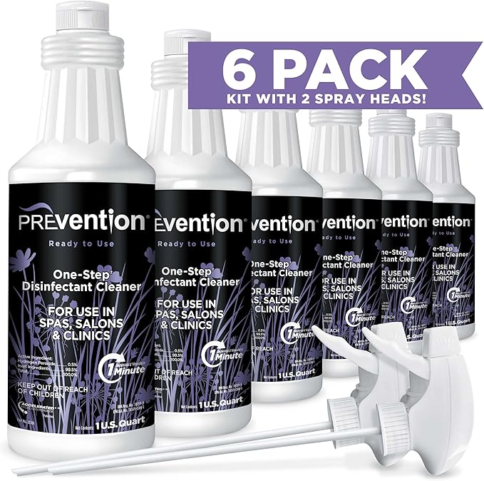 Prevention Ready-To-Use Disinfecting Cleaner – Hospital Grade Disinfectant Spray Solution for Salons, Spas, Clinics, Surfaces – Sanitizing Solution & Two Reusable Sprayers – 32oz Bottle (6 Pack)