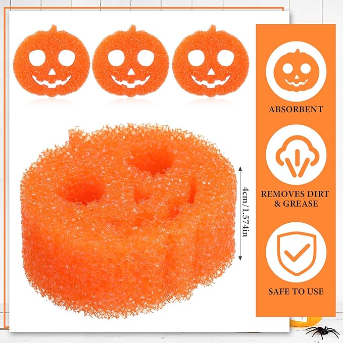 3 Pcs Dual Sided Scrub Sponge Multi Functional Cute Temperature Sensitive Non Scratch Dish Sponge for Washing Dishes Kitchen Bathroom(Halloween Pumpkin,Orange)
