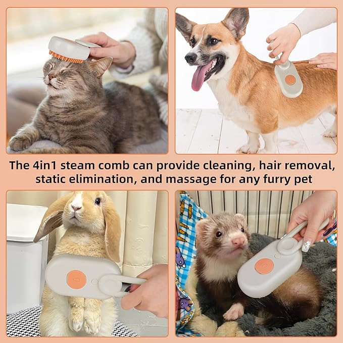 Cat Dog Hair Steam Brush: 4 in 1 Pet Grooming Tool Rechargeable Groomer Silicone Comb for Massage, Cleaning, Shedding and Combing, Anti-Static, 360° Portable Handle for Long or Short Hair Pet (Orange)