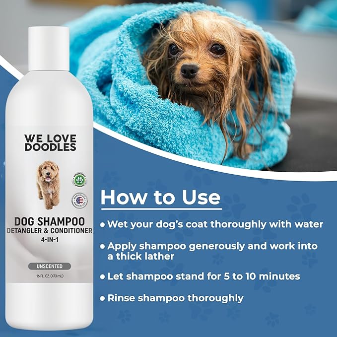 We Love Doodles Dog Shampoo, Conditioner, & Detangler - Shampoo for Dogs, Goldendoodles, Poodles & Doodles, for Matted Pet Hair & Sensitive Skin, Made in The USA, Unscented, 16 oz