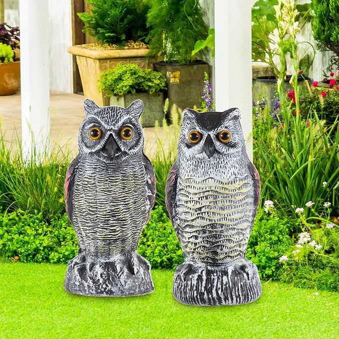 Hedoc 2 Pack Fake Owl Decoys to Scare Birds Away, Great Horned Owl Bird Deterrents, Nature Scarecrow Plastic Pest Repellent, Garden Decor and Yard Decoration for Gardens and Rooftops