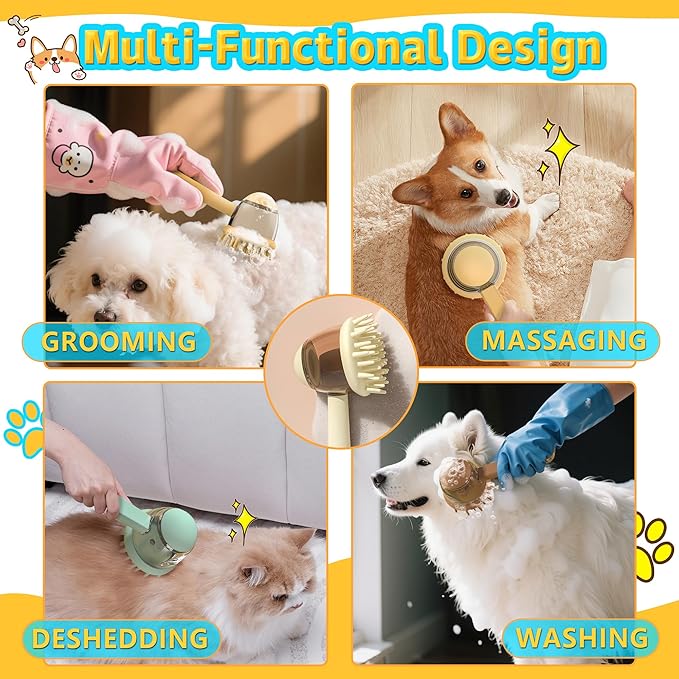 Pet Bath Brush for Dogs & Cats - Grooming Brush with Built-in Shampoo Dispenser - Massage Wash Brush for Long & Short Hair(Brown)
