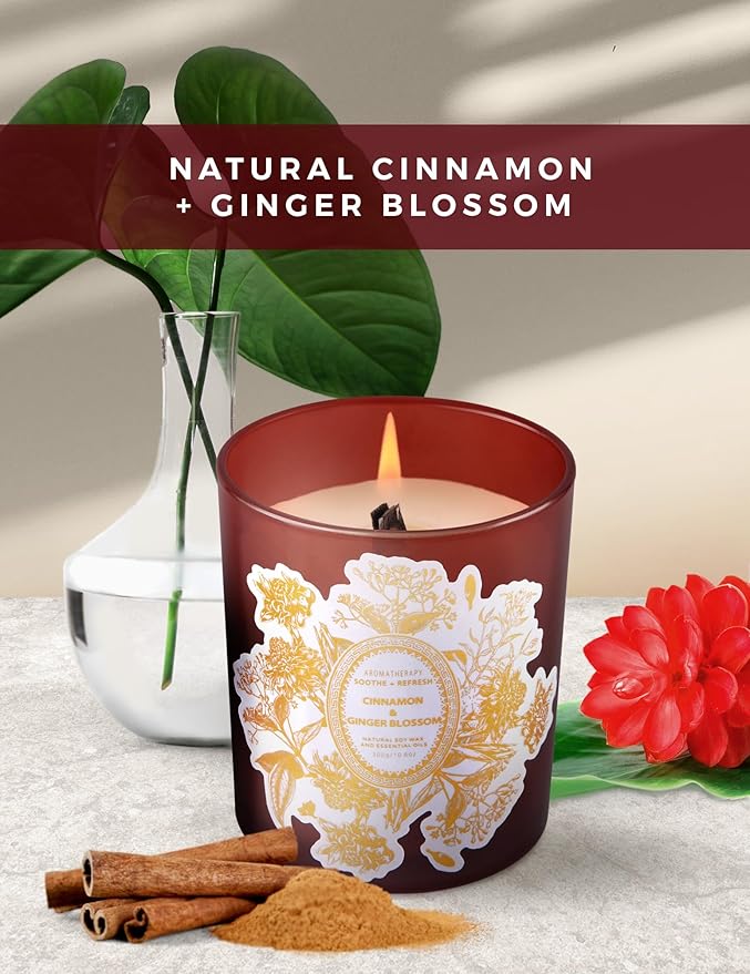 Cinnamon & Ginger Blossom Scented Candle - Large Wood Wick Soy Candle, 10.6 oz - Warm Fall & Autumn Aromatherapy Candle for Home - Long-Lasting, Clean Burn