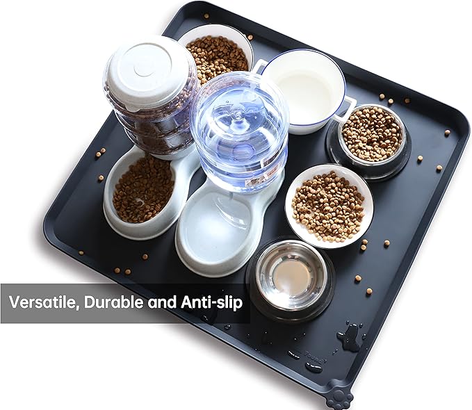 Hoki Found XX-Large Silicone Pet Food Mats - Non-Slip Dog & Cat Feeding Mats - Waterproof for Carpet - Black