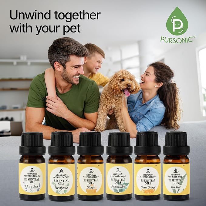 Pursonic Pet-Friendly Aromatherapy Oil Blends, 6-Piece Set with Eucalyptus, Sweet Orange, Peppermint, Clary Sage, Tea Tree, Ginger - Vet-Approved, Pet-Safe Aromatherapy, 10 ML