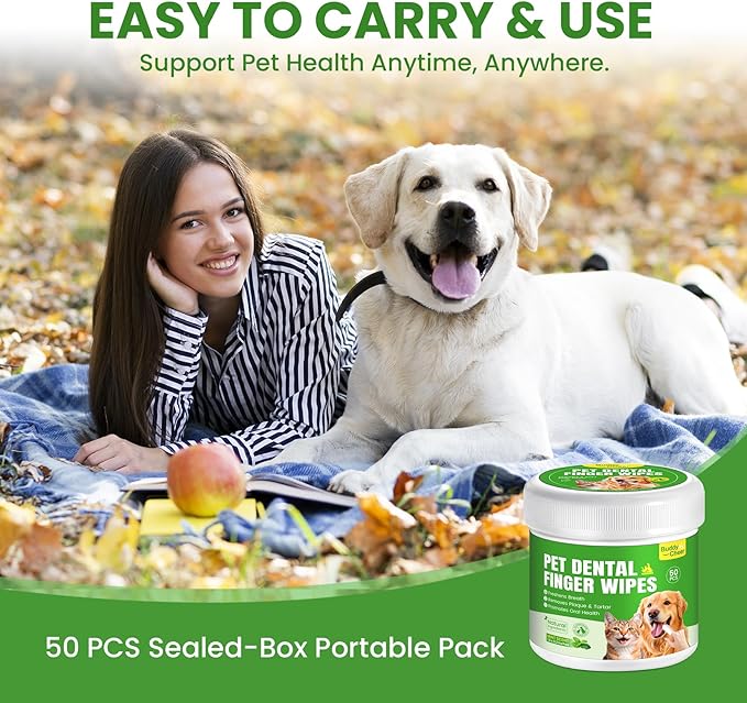 Pet Teeth Cleaning Wipes for Dogs & Cats, Pet Dental Finger Wipes for Dogs, No-Rinse Dog Toothbrush Toothpaste to Reduce Plaque & Tartar, Disposable Dog Tooth Brushing Kit - Mint Flavor - 50 Count