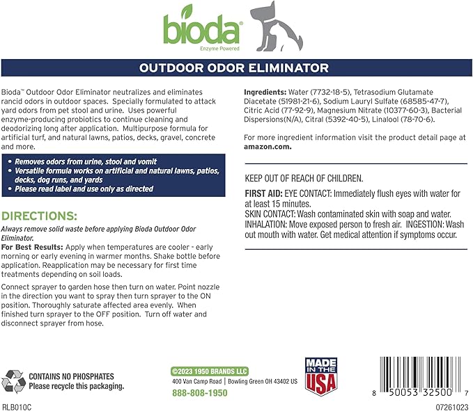 Bioda Probiotic Natural Outdoor Odor Eliminator Spray Enzyme Cleaner Destroys Cat & Dog Odor Neutralizer for Lawn, Artificial Grass, and Patios