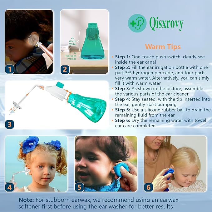 Ear Wax Removal Tool, Ear Cleaning Kits Safe Ear Irrigation Kit Ear Flush Kit for Adults Kids, Ear Wax Washer Device with LED Earwax Spoon, Basin, Bulb, Curette Kit, Towel, Tips, Storage Box Green