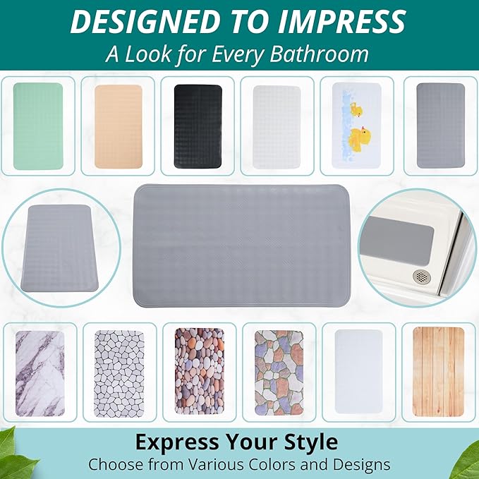 ENKOSI Non Slip Bath Mat for Tub and Shower Floors – Anti Slip Shower Mat with Secure Suction Cup Grip – Soft Grey Bathtub Mat for Inside Bath Tub and Smooth Bathroom Stalls (28x16 Gray)