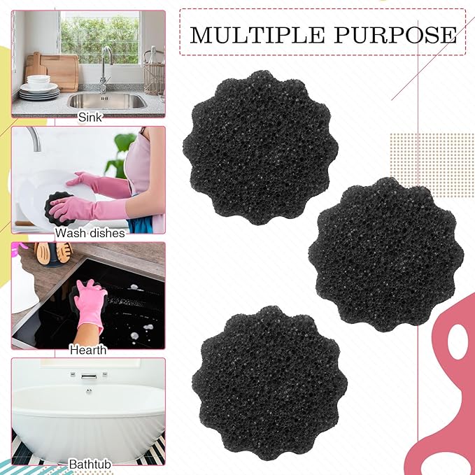 3 Pcs Dual Sided Scrub Sponge Multi Functional Cute Temperature Sensitive Non Scratch Dish Sponge for Washing Dishes Kitchen Bathroom (Flower,Black)
