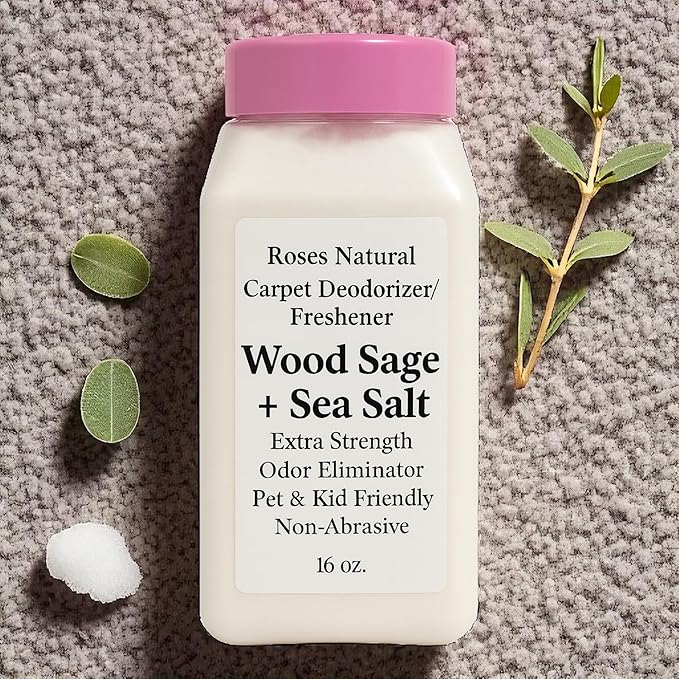 Carpet Deodorizer Powder – Wood Sage + Sea Salt Scent, Long-Lasting Odor Eliminator, Pet & Kid Friendly, 16 oz
